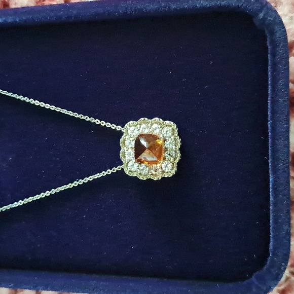 Cherry Citrine & Natural White Zircon Halo Pendant Necklace - Picture 2 of 7